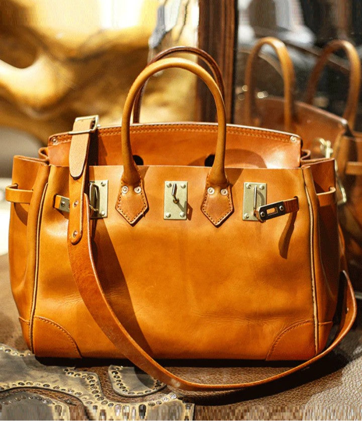 Solid Durable Leather Women Tote Handbag