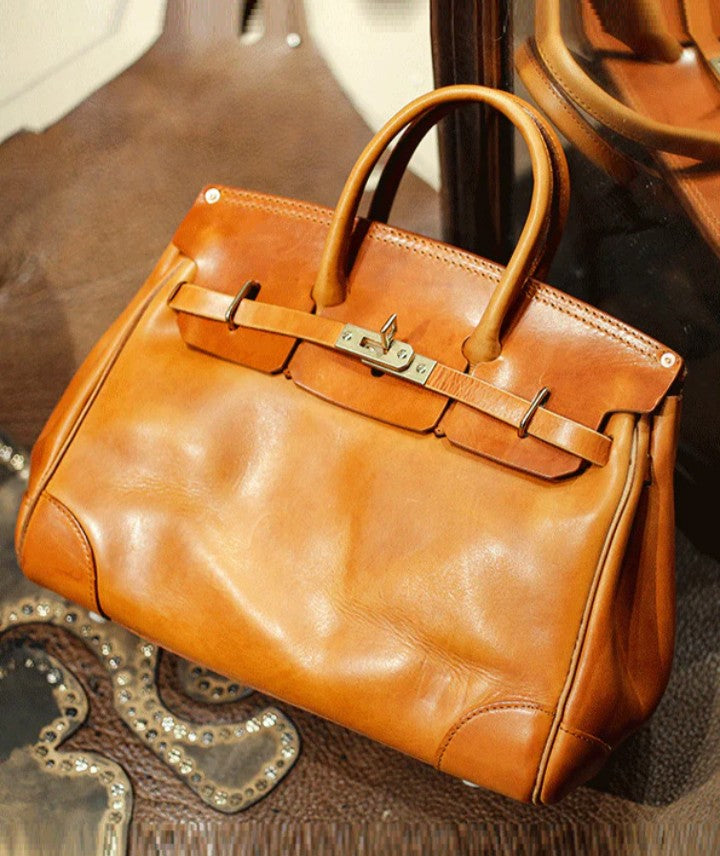 Solid Durable Leather Women Tote Handbag