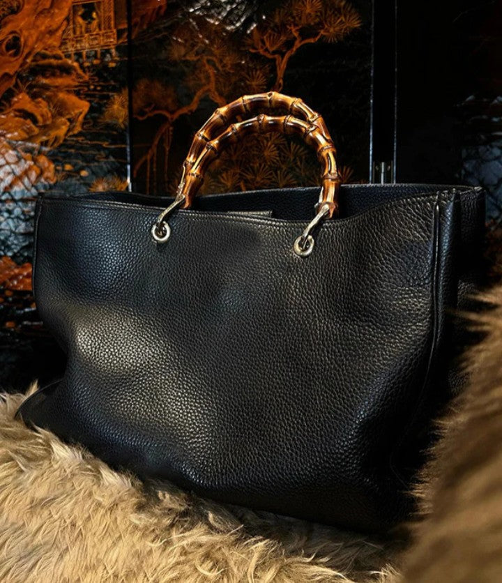 Elegant Black Large Capacity Solid Durable Leather Tote Handbag