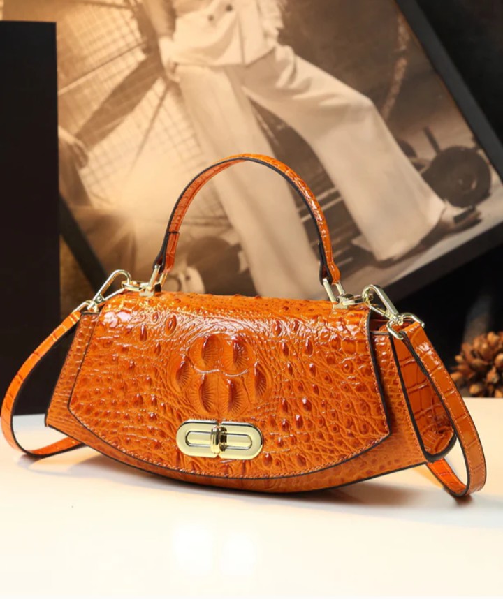 Orange Crocodile Pattern Durable Leather Tote Handbag