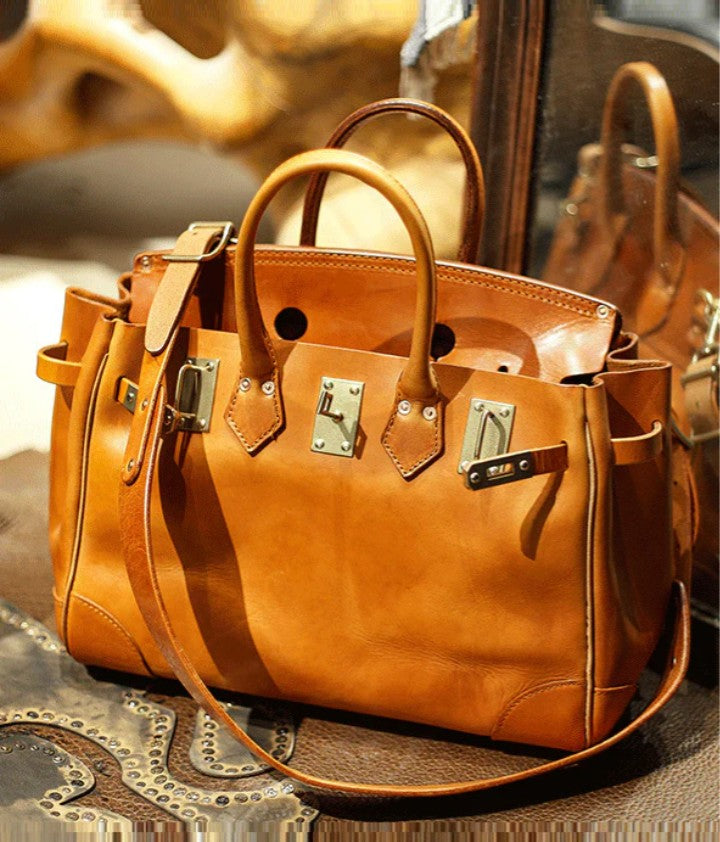 Solid Durable Leather Women Tote Handbag