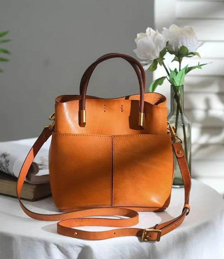 Style Orange Durable Large Leather Tote Handbag